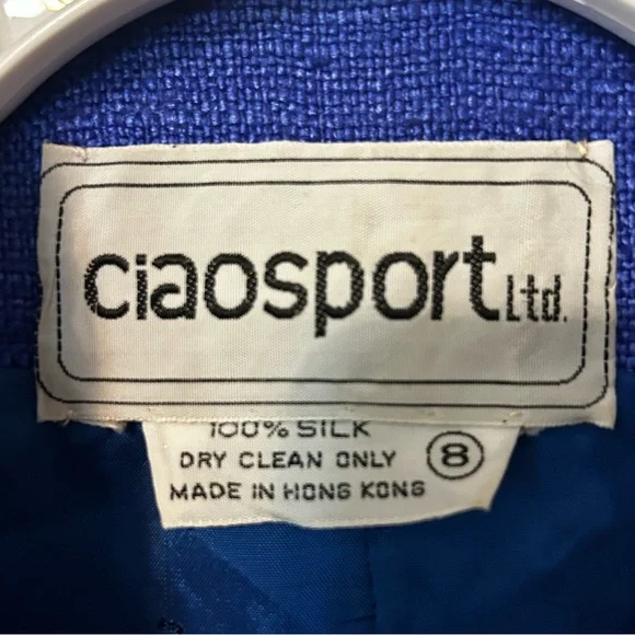 CiaoSport Ltd Vintage Silk Blue Jacket Polka Dot Pocket Handkerchief Accent Sz 8 - Picture 6 of 10